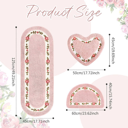 3 Pcs Floral Bathroom Rugs Set, Pink Non Slip Bath Mats, Pink