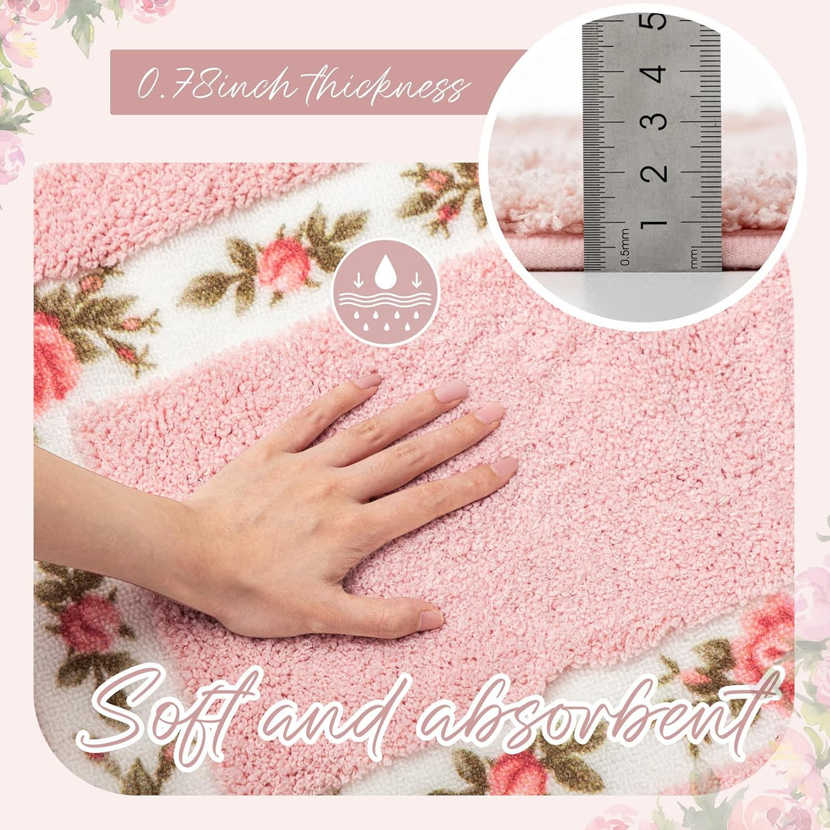 3 Pcs Floral Bathroom Rugs Set, Pink Non Slip Bath Mats, Pink