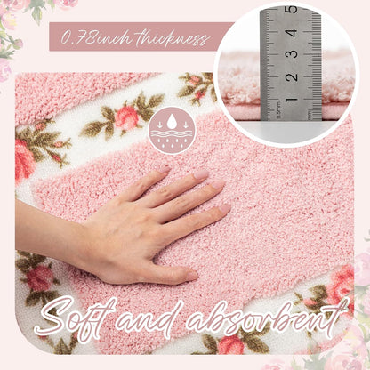 3 Pcs Floral Bathroom Rugs Set, Pink Non Slip Bath Mats, Pink