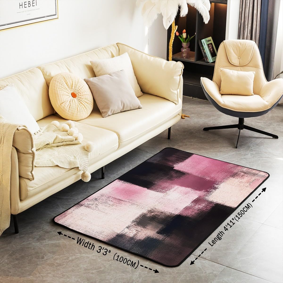 Abstract Area Rug 5x7 Polyester Modern Abstract Art Living Room Rugs for Bedroom Luxury Decor Carpet Geometric Indoor Floor Mat Pink Soft Non-Slip