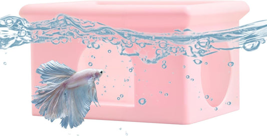 Floating Betta Fish Hammock Cave House for Aquarium, 3D Printed Betta Shrimp Feeder & Hideout Cave Toys, Small Aquarium Feeding Ring Decor, Turtle Fish Tank Decorations Accessories -Pink