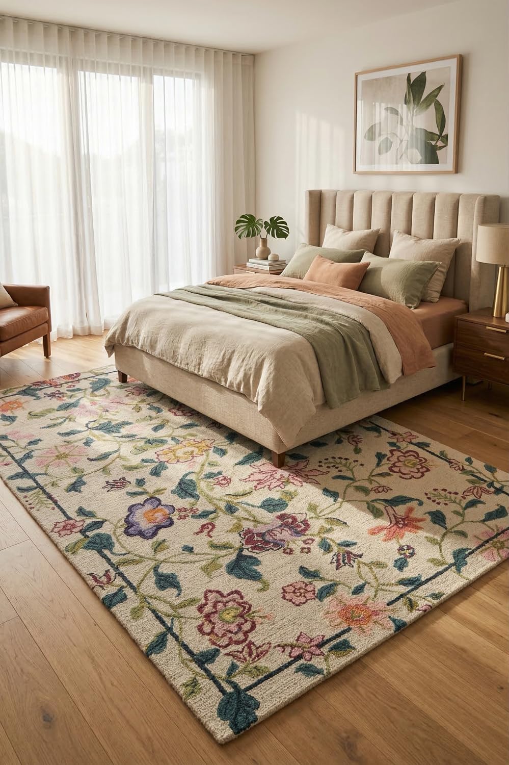Hand-Tufted Wool Area Rug - 6x8 Ft, Rectangular Floral Vine Carpet in Cream, Teal Green, Blush Pink, Peach, Lavender & Mustard with Minimal Border, Handmade Runner for Living Room & Bedroom