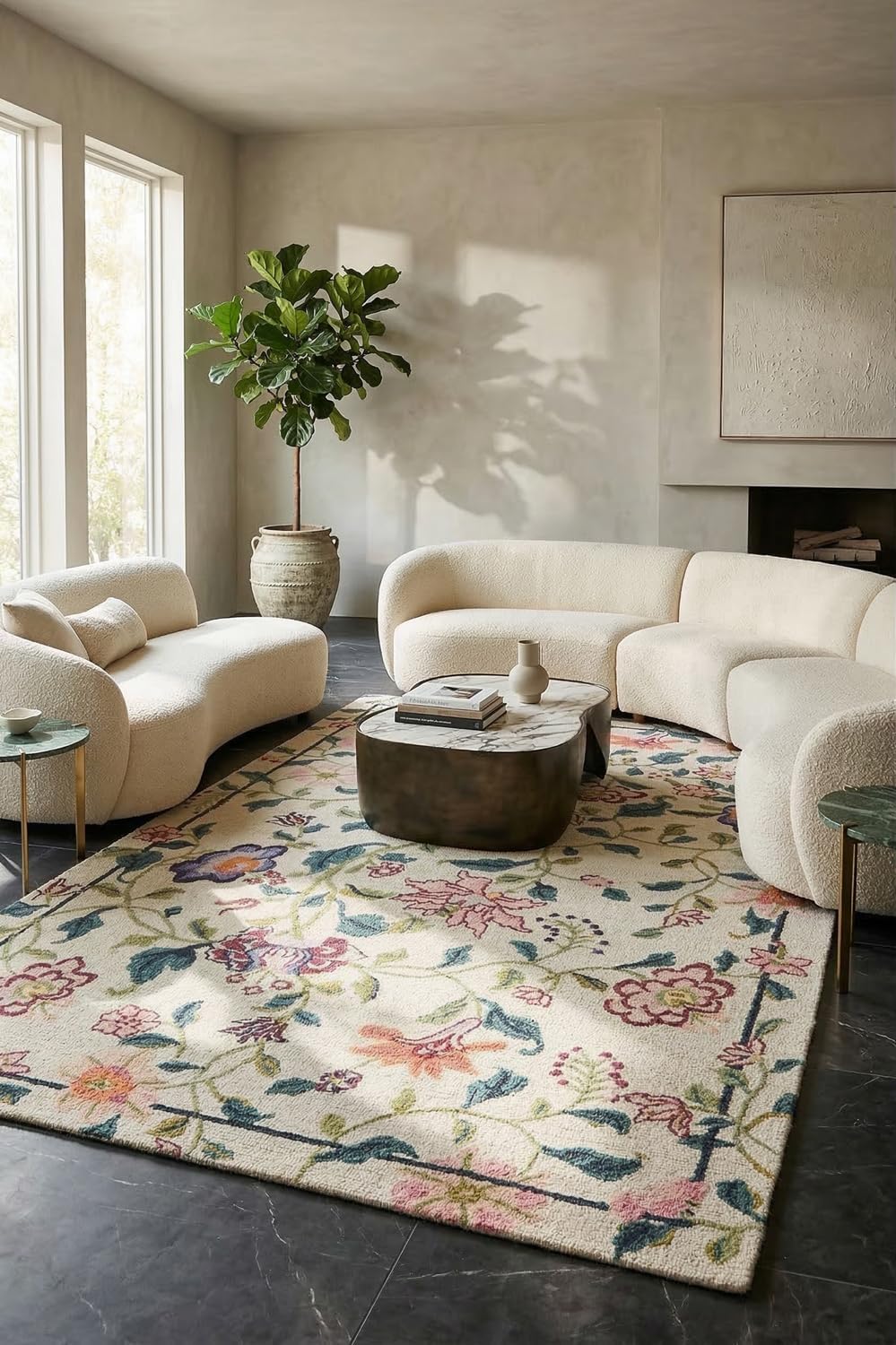 Hand-Tufted Wool Area Rug - 6x8 Ft, Rectangular Floral Vine Carpet in Cream, Teal Green, Blush Pink, Peach, Lavender & Mustard with Minimal Border, Handmade Runner for Living Room & Bedroom