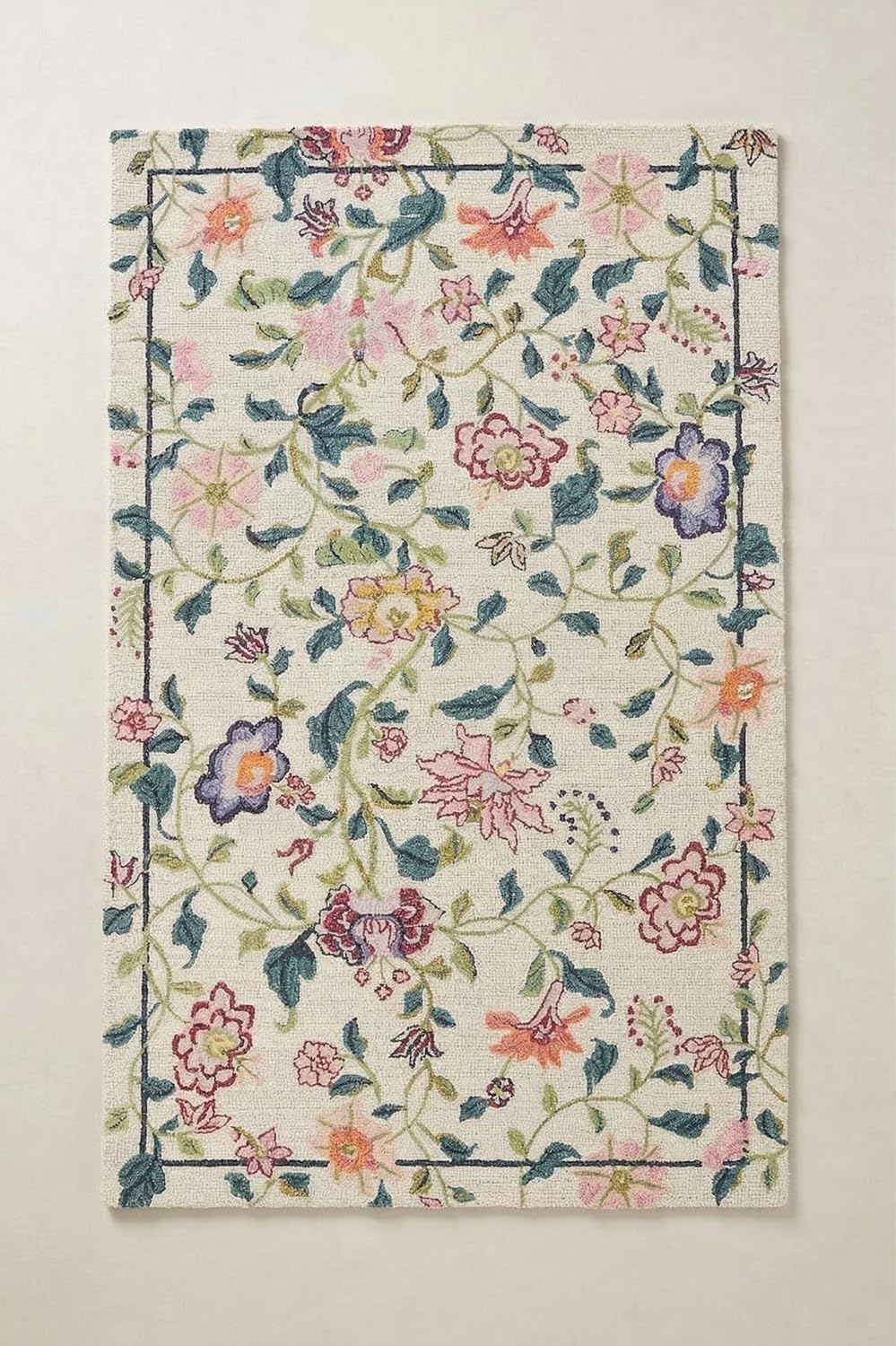 Hand-Tufted Wool Area Rug - 6x8 Ft, Rectangular Floral Vine Carpet in Cream, Teal Green, Blush Pink, Peach, Lavender & Mustard with Minimal Border, Handmade Runner for Living Room & Bedroom