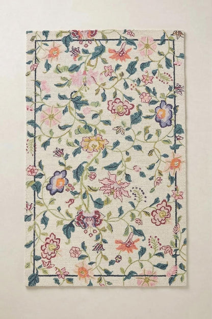 Hand-Tufted Wool Area Rug - 6x8 Ft, Rectangular Floral Vine Carpet in Cream, Teal Green, Blush Pink, Peach, Lavender & Mustard with Minimal Border, Handmade Runner for Living Room & Bedroom
