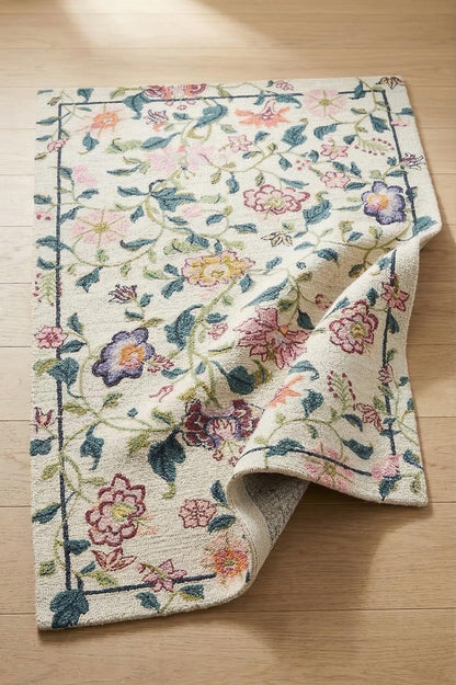 Hand-Tufted Wool Area Rug - 6x8 Ft, Rectangular Floral Vine Carpet in Cream, Teal Green, Blush Pink, Peach, Lavender & Mustard with Minimal Border, Handmade Runner for Living Room & Bedroom
