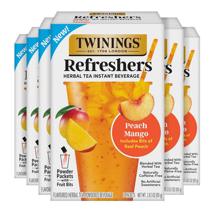 Peach Mango Refreshers, Herbal Tea Instant Beverage with Real Peach Fruit Bits, 5 Count (Pack of 6), Café Style, No Artificial Sweeteners, Naturally Caffeine-Free Refreshment, 30 Packets