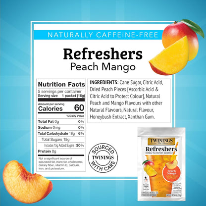 Peach Mango Refreshers, Herbal Tea Instant Beverage with Real Peach Fruit Bits, 5 Count (Pack of 6), Café Style, No Artificial Sweeteners, Naturally Caffeine-Free Refreshment, 30 Packets