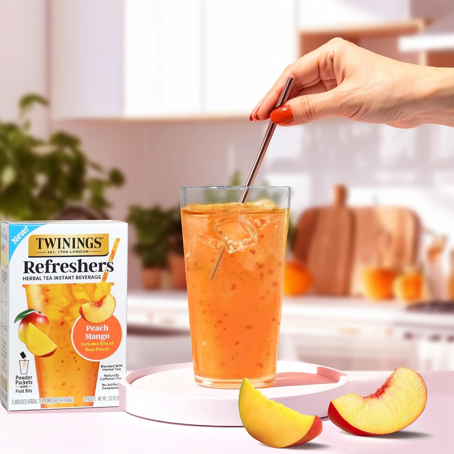 Peach Mango Refreshers, Herbal Tea Instant Beverage with Real Peach Fruit Bits, 5 Count (Pack of 6), Café Style, No Artificial Sweeteners, Naturally Caffeine-Free Refreshment, 30 Packets