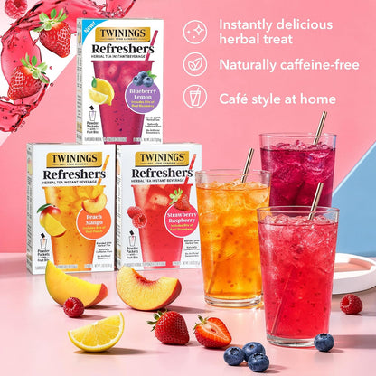 Peach Mango Refreshers, Herbal Tea Instant Beverage with Real Peach Fruit Bits, 5 Count (Pack of 6), Café Style, No Artificial Sweeteners, Naturally Caffeine-Free Refreshment, 30 Packets