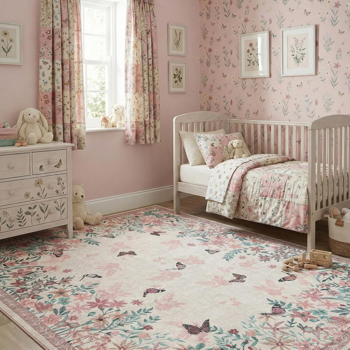4x6 Area Rug Pink Pastel, Floral Rugs for Living Room, Lightweight Non Slip Washable Rug, Indoor Low Pile Boho Design Rugs for Bedroom Living Room Dining Room Pink Pastel