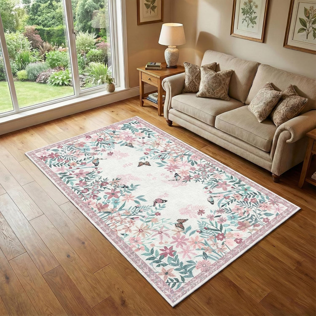 4x6 Area Rug Pink Pastel, Floral Rugs for Living Room, Lightweight Non Slip Washable Rug, Indoor Low Pile Boho Design Rugs for Bedroom Living Room Dining Room Pink Pastel