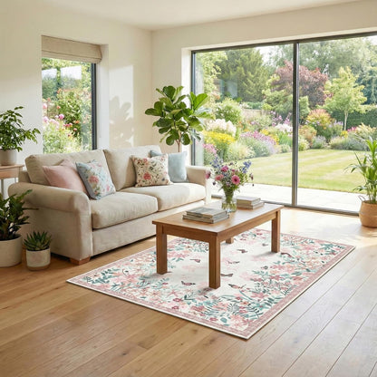 4x6 Area Rug Pink Pastel, Floral Rugs for Living Room, Lightweight Non Slip Washable Rug, Indoor Low Pile Boho Design Rugs for Bedroom Living Room Dining Room Pink Pastel