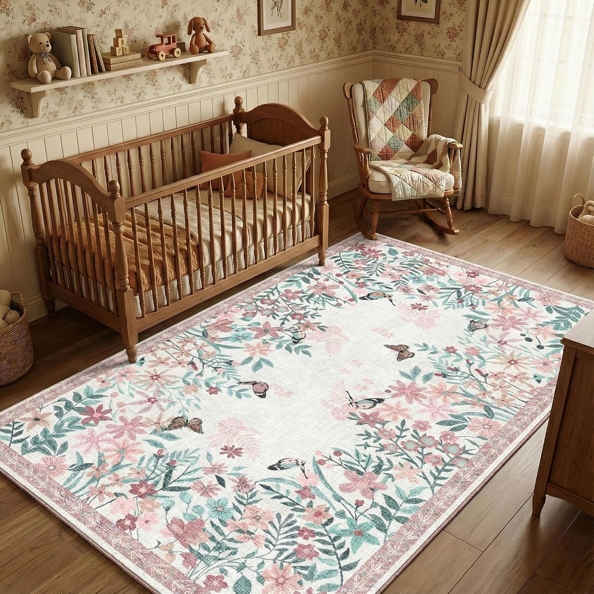4x6 Area Rug Pink Pastel, Floral Rugs for Living Room, Lightweight Non Slip Washable Rug, Indoor Low Pile Boho Design Rugs for Bedroom Living Room Dining Room Pink Pastel
