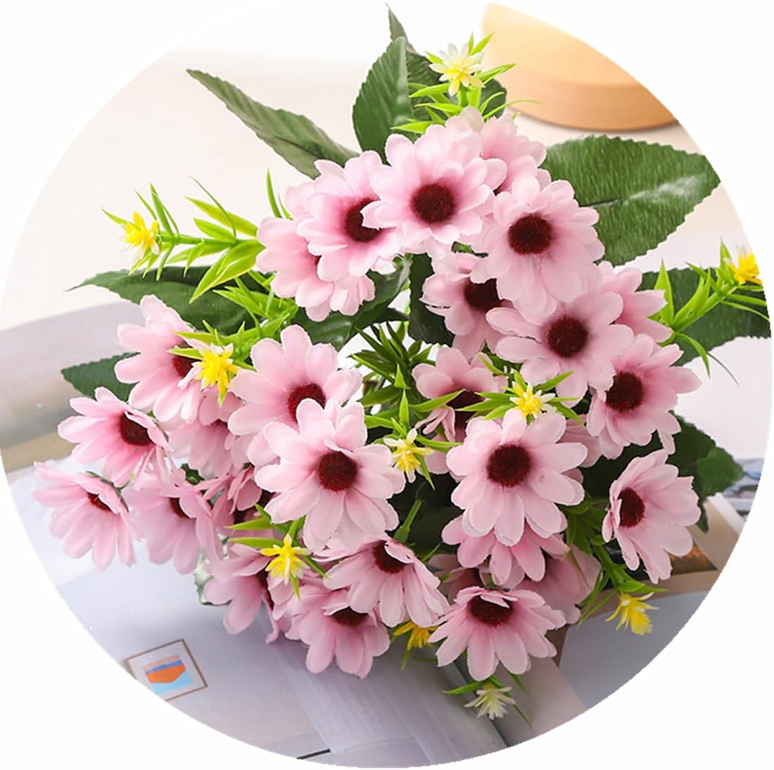 Artificial Daisies Flowers, Fake Silk Daisy Small Flower Marguerites Plants Decor 4 Bouquet, Faux Plastic Stems Bushes Greenery Bundles for Indoor Outdoor Verandah Wedding Spring Decorations - Pink