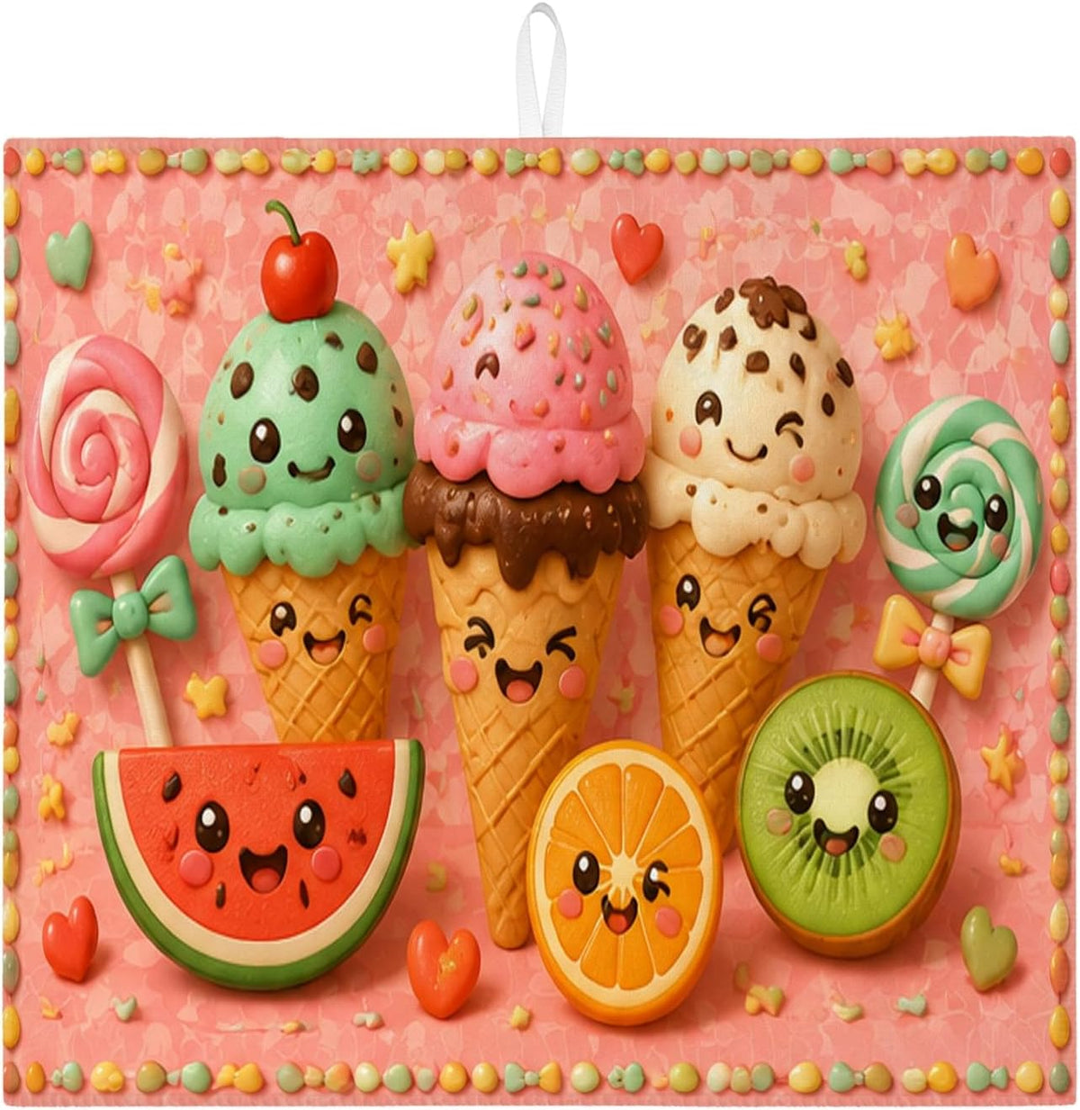 Cute Ice Cream Dish Drying Mats for Kitchen Counter, Peach Playful Cartoon Absorbent Dish Drainer Rack Mat, Summer Microfiber Drying Pad for Coffee Bar Protector 16x18 Inch