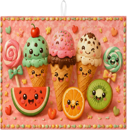 Cute Ice Cream Dish Drying Mats for Kitchen Counter, Peach Playful Cartoon Absorbent Dish Drainer Rack Mat, Summer Microfiber Drying Pad for Coffee Bar Protector 16x18 Inch