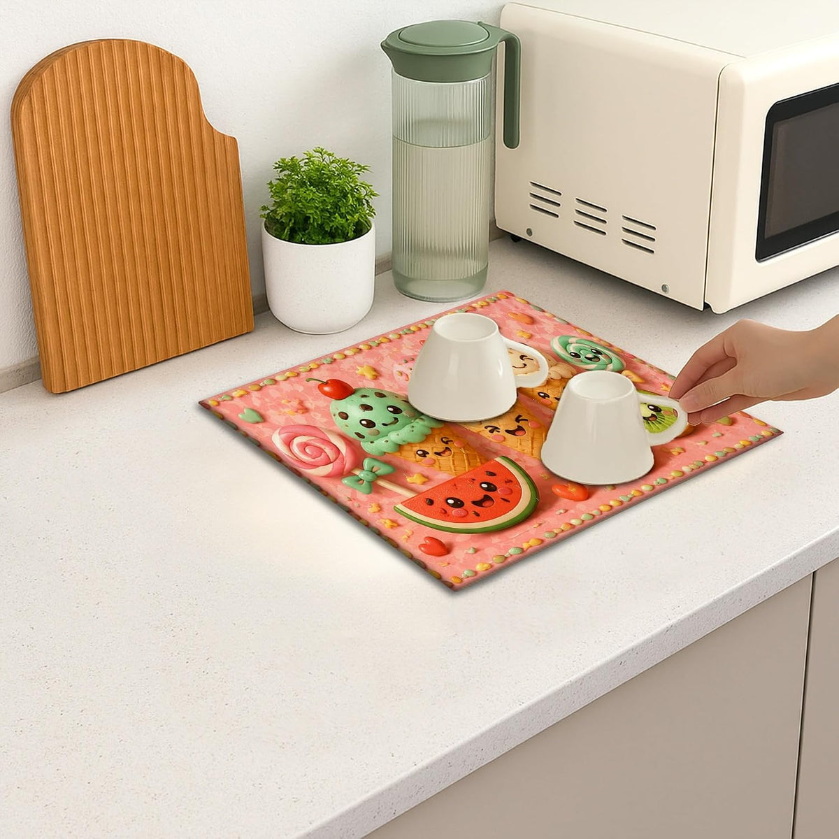 Cute Ice Cream Dish Drying Mats for Kitchen Counter, Peach Playful Cartoon Absorbent Dish Drainer Rack Mat, Summer Microfiber Drying Pad for Coffee Bar Protector 16x18 Inch