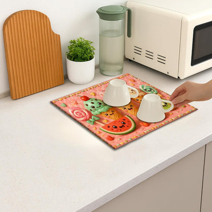 Cute Ice Cream Dish Drying Mats for Kitchen Counter, Peach Playful Cartoon Absorbent Dish Drainer Rack Mat, Summer Microfiber Drying Pad for Coffee Bar Protector 16x18 Inch
