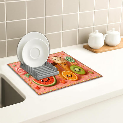 Cute Ice Cream Dish Drying Mats for Kitchen Counter, Peach Playful Cartoon Absorbent Dish Drainer Rack Mat, Summer Microfiber Drying Pad for Coffee Bar Protector 16x18 Inch