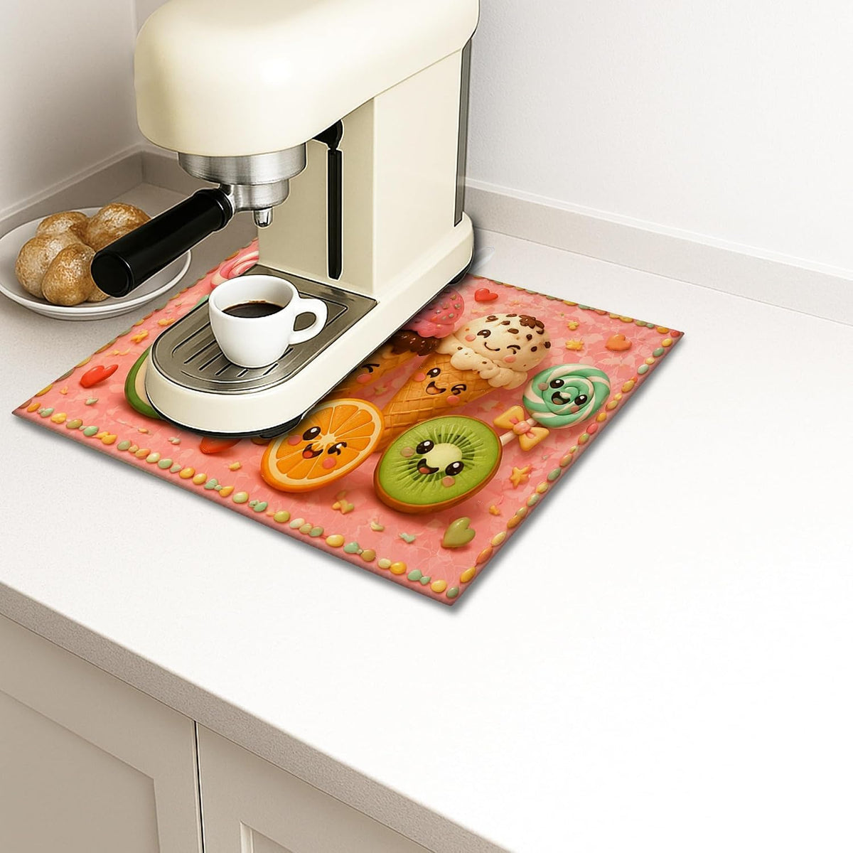 Cute Ice Cream Dish Drying Mats for Kitchen Counter, Peach Playful Cartoon Absorbent Dish Drainer Rack Mat, Summer Microfiber Drying Pad for Coffee Bar Protector 16x18 Inch