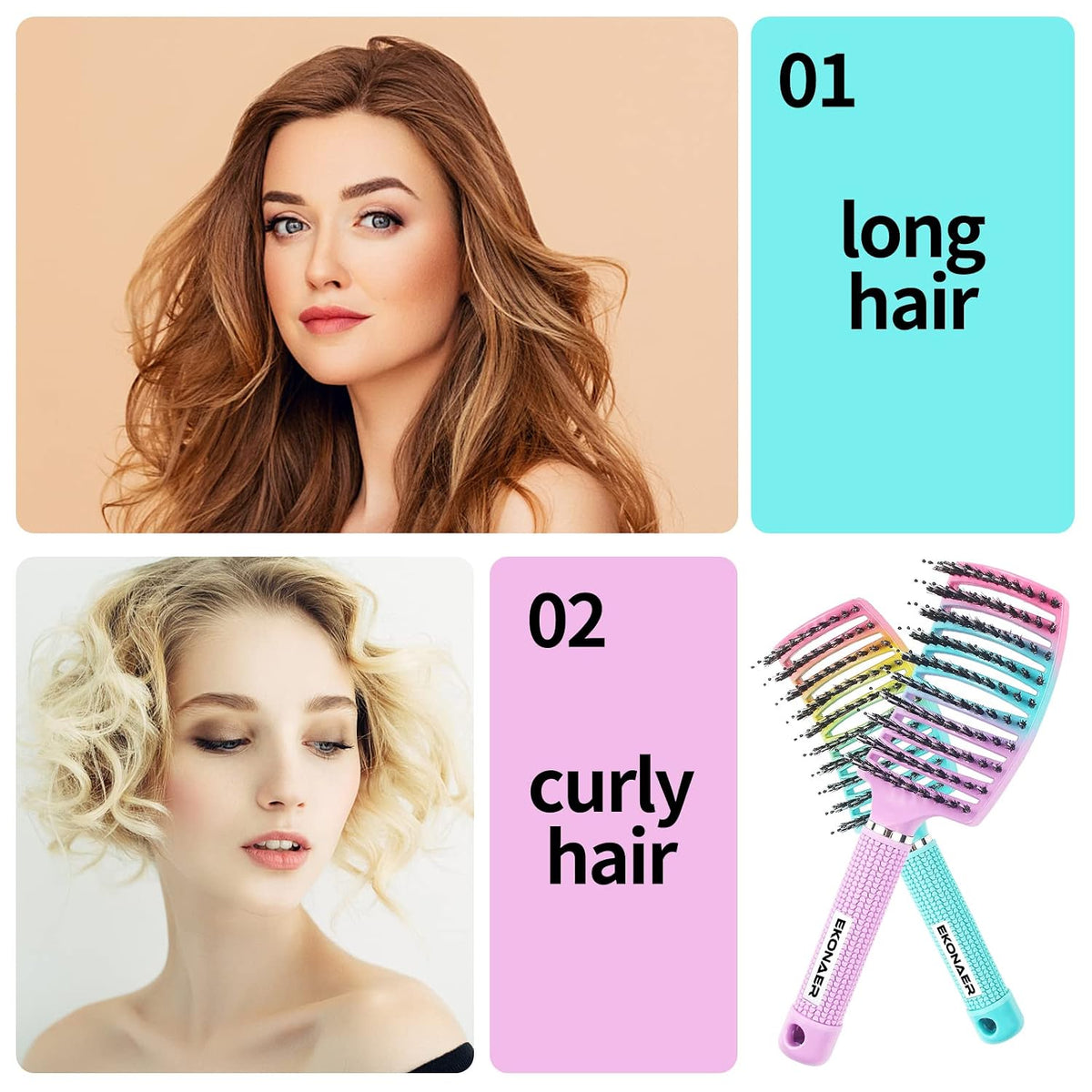 2 Pack Detangling Brush Getting Knots Out without Pain Adds Shine and Makes Hair Smooth,Detangler Boar Bristle Hair Brush for Adult & Kids Wet or Dry Hair(Green&Pink)