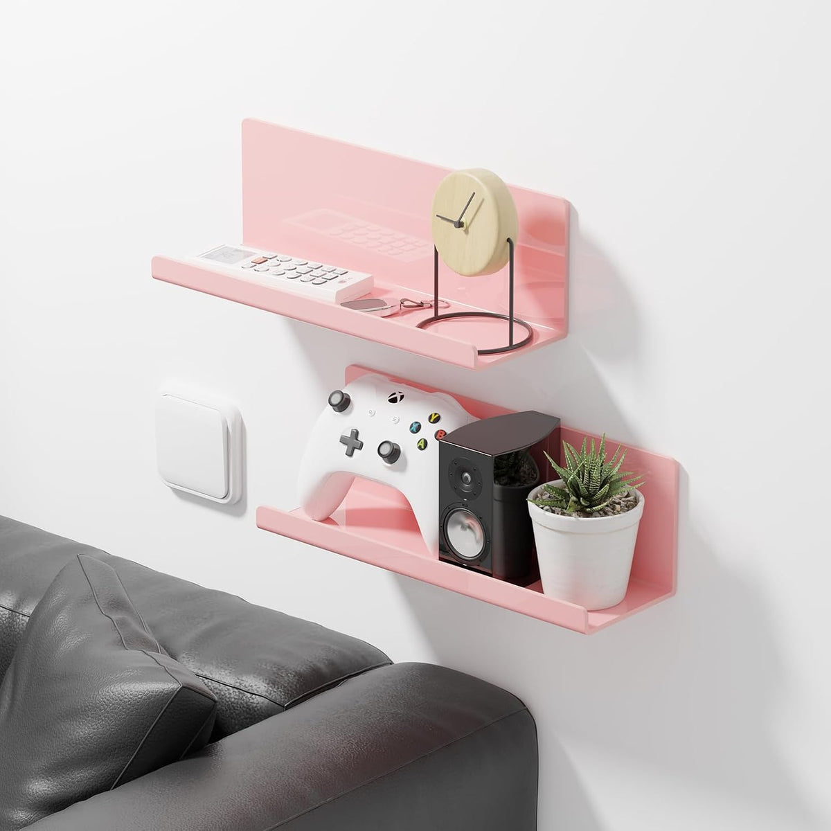 Adhesive Floating Shelves for Wall No Drilling, 12 Inch Acrylic Self Adhesive Shelves, Stick on Shelves, Dorm Wall Shelf, for Bathroom, Kitchen, Bedroom, Office, Gaming Room, Pink