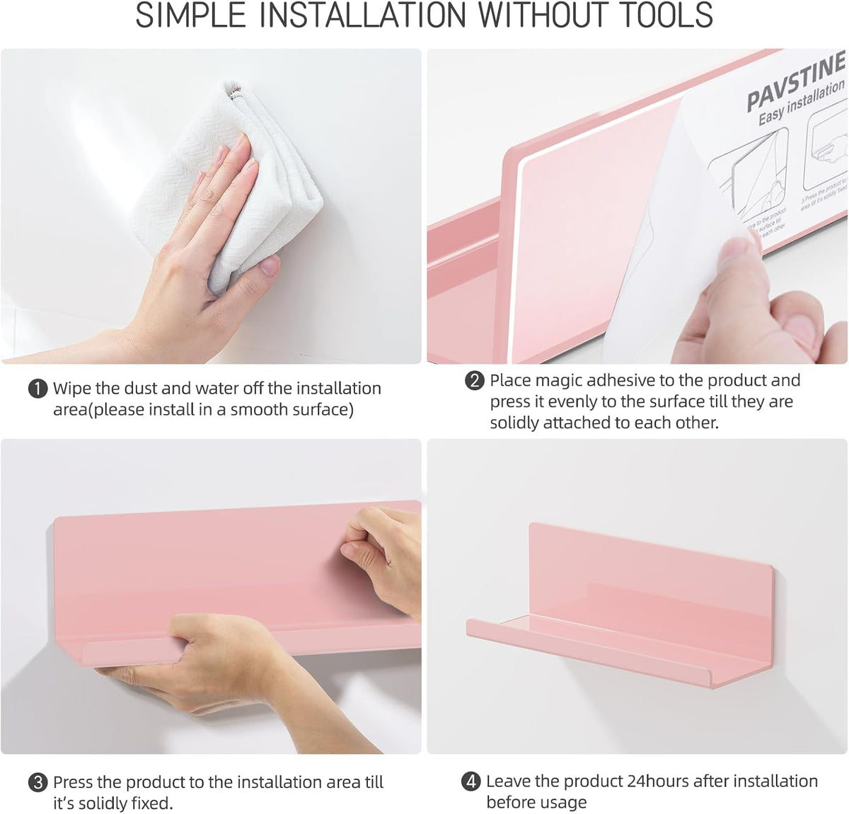 Adhesive Floating Shelves for Wall No Drilling, 12 Inch Acrylic Self Adhesive Shelves, Stick on Shelves, Dorm Wall Shelf, for Bathroom, Kitchen, Bedroom, Office, Gaming Room, Pink