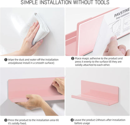 Adhesive Floating Shelves for Wall No Drilling, 12 Inch Acrylic Self Adhesive Shelves, Stick on Shelves, Dorm Wall Shelf, for Bathroom, Kitchen, Bedroom, Office, Gaming Room, Pink
