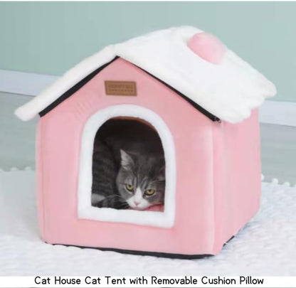 Cat Bed Cave, Cute Christmas Cat Beds for Indoor Cats, Xmas Pet House Cats Tent with Removable Cushion Pillow for Kittens Puppy Small Dogs (Pink-L(20.4 * 16.9 * 19.6in))