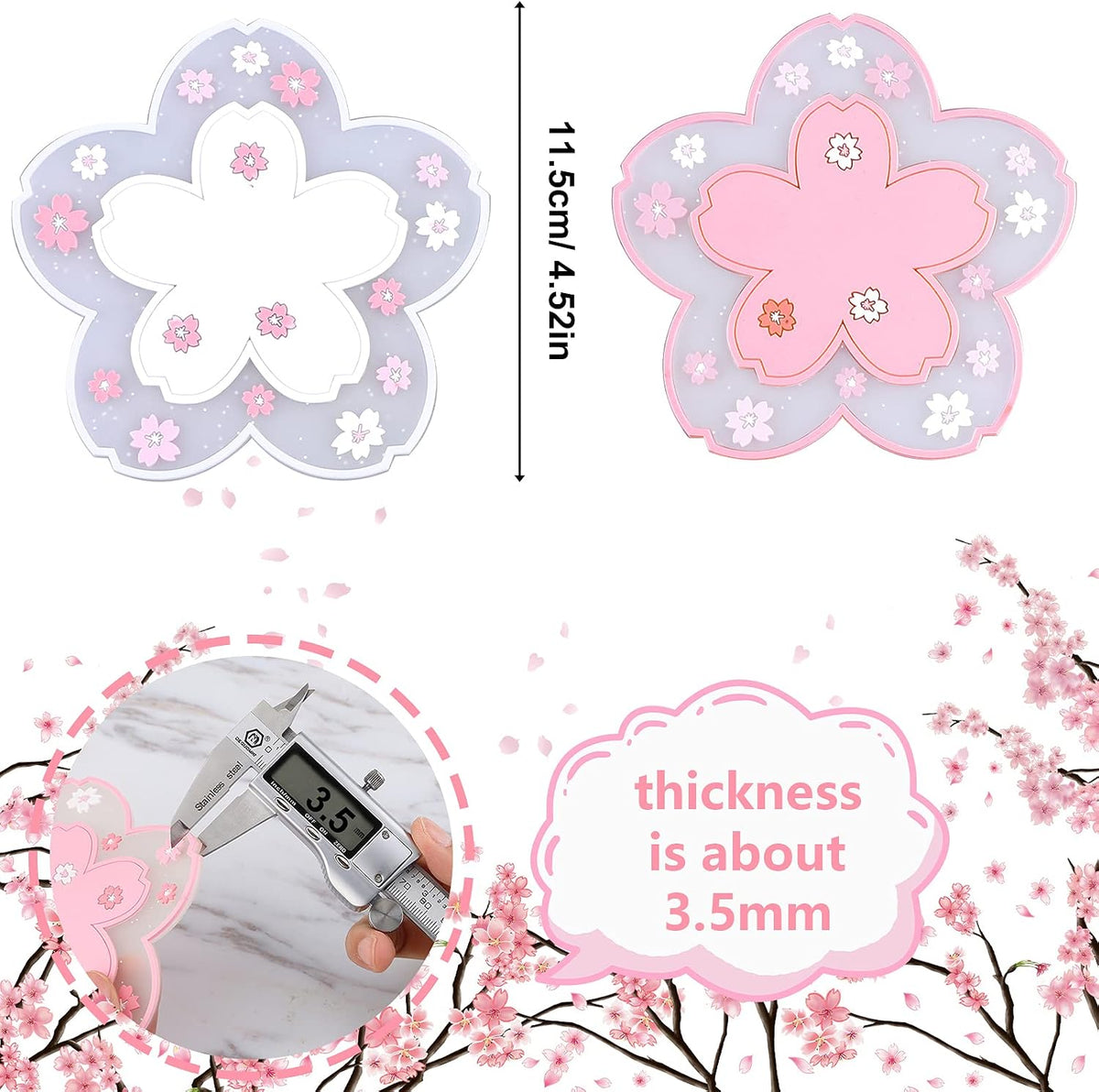 2 Pcs Sakura Coasters Cherry Blossom Coasters Blossom Cup Mats Cup Pads for Coffee Table, Restaurants, Hotels, Offices, Home, Coffee Shops(White and Pink)