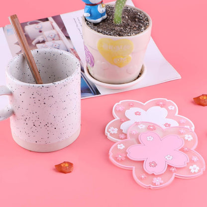 2 Pcs Sakura Coasters Cherry Blossom Coasters Blossom Cup Mats Cup Pads for Coffee Table, Restaurants, Hotels, Offices, Home, Coffee Shops(White and Pink)