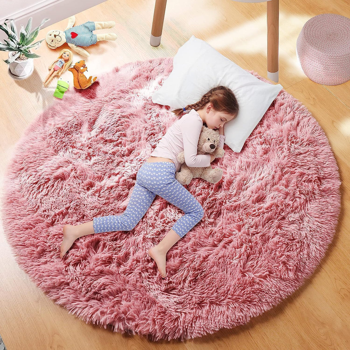 Soft Blush Round Circle Rugs for Girls Room Decor,Fluffy Bedroom Carpet 4Ft
