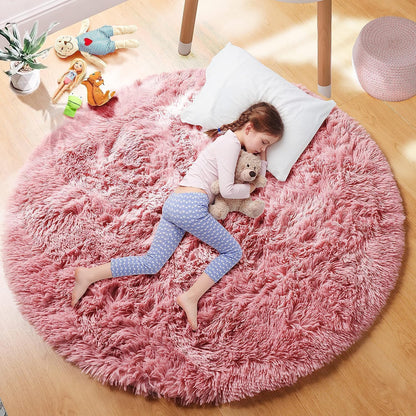 Soft Blush Round Circle Rugs for Girls Room Decor,Fluffy Bedroom Carpet 4Ft