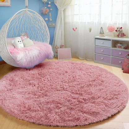 Soft Blush Round Circle Rugs for Girls Room Decor,Fluffy Bedroom Carpet 4Ft