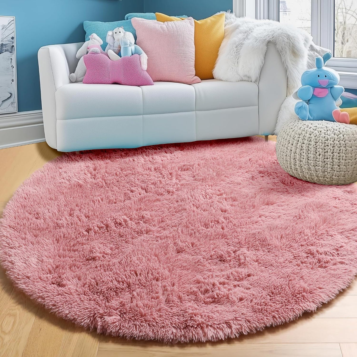 Soft Blush Round Circle Rugs for Girls Room Decor,Fluffy Bedroom Carpet 4Ft