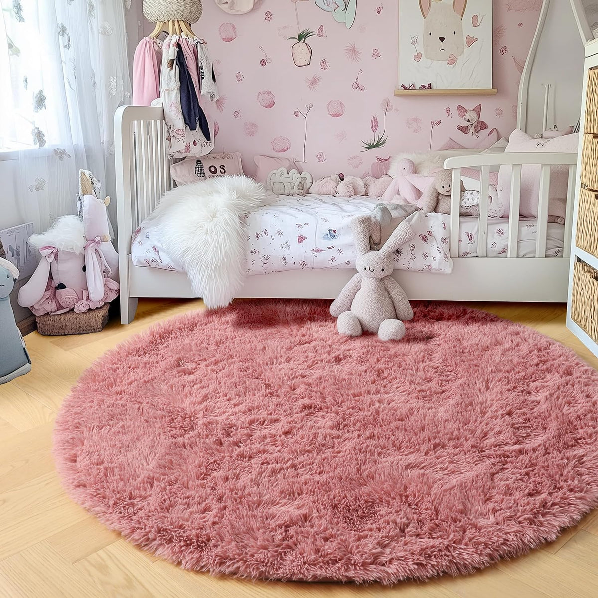 Soft Blush Round Circle Rugs for Girls Room Decor,Fluffy Bedroom Carpet 4Ft
