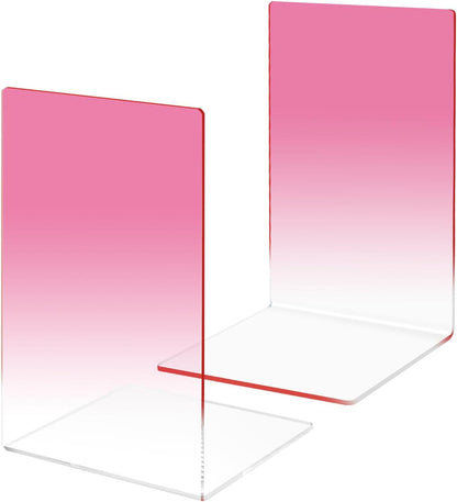 Honagu Book Ends, Acrylic Bookends, Clear Book Ends for Shelves, Desk Book Organizer, Book Holder Stand Decorative for Heavy Books, CDs, Video Games (1 Pair/2 Pieces, Gradient Pink)