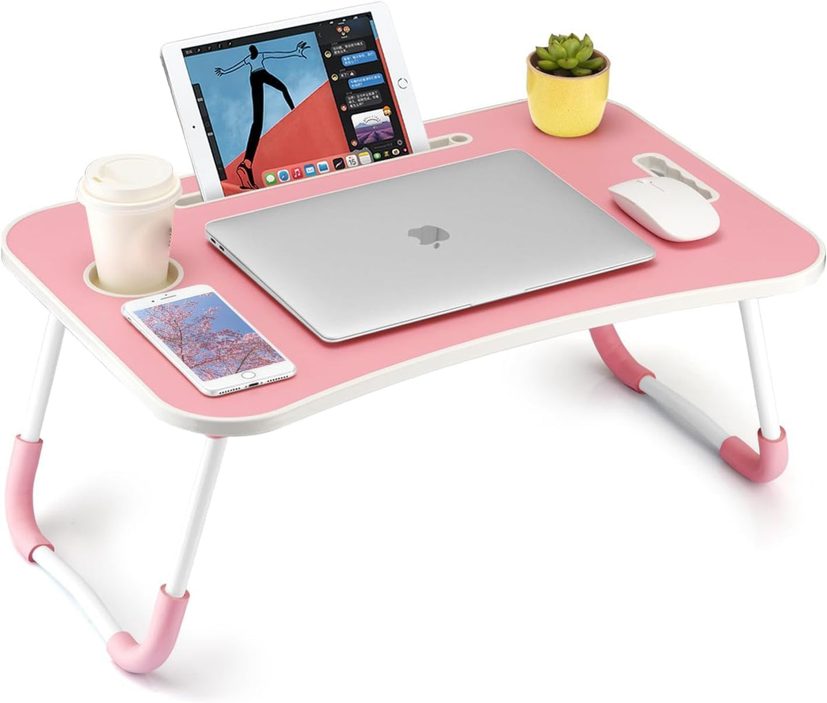 Foldable Laptop Table, Portable Lap Desk Bed Table Tray, Laptop Stand with Cup Holder & Tablet Slot & Lifting Handle for Working Writing Drawing & Eating (Pink)