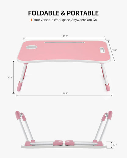 Foldable Laptop Table, Portable Lap Desk Bed Table Tray, Laptop Stand with Cup Holder & Tablet Slot & Lifting Handle for Working Writing Drawing & Eating (Pink)