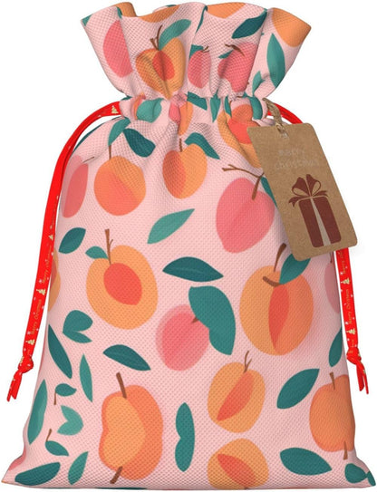 Pink Peach Pattern Seamless Pattern Printing 4.7x6.9 In Christmas Bag With Drawstring And Cute Kraft Tag, Fits Gifts And Daily Small Items