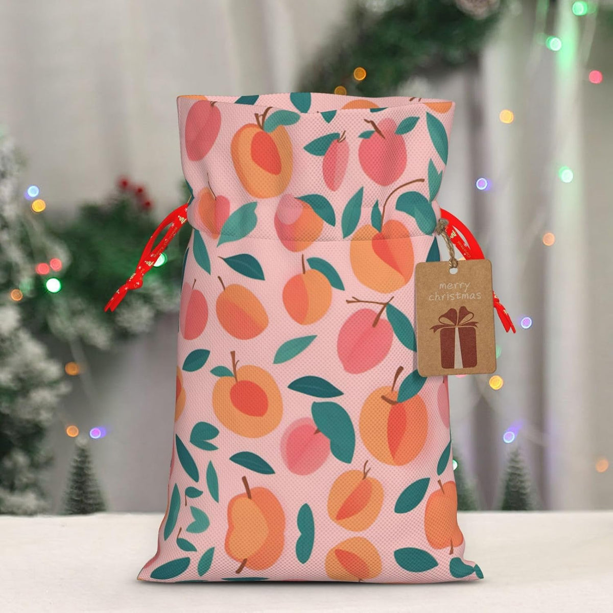 Pink Peach Pattern Seamless Pattern Printing 4.7x6.9 In Christmas Bag With Drawstring And Cute Kraft Tag, Fits Gifts And Daily Small Items
