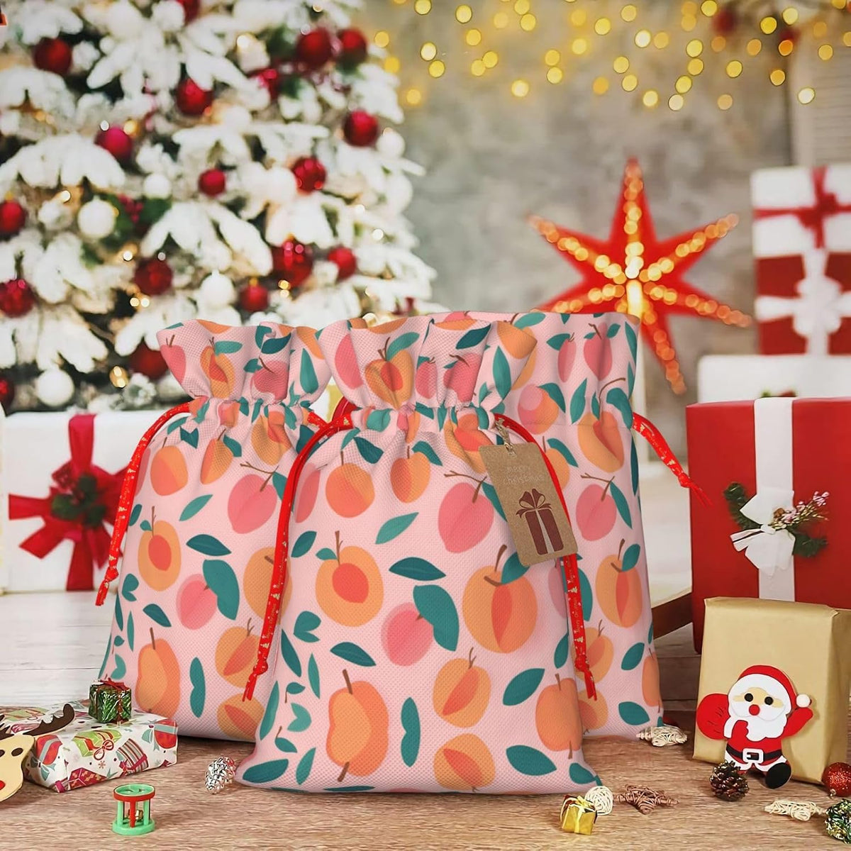 Pink Peach Pattern Seamless Pattern Printing 4.7x6.9 In Christmas Bag With Drawstring And Cute Kraft Tag, Fits Gifts And Daily Small Items