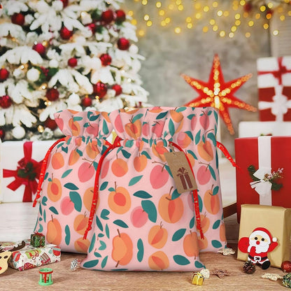 Pink Peach Pattern Seamless Pattern Printing 4.7x6.9 In Christmas Bag With Drawstring And Cute Kraft Tag, Fits Gifts And Daily Small Items