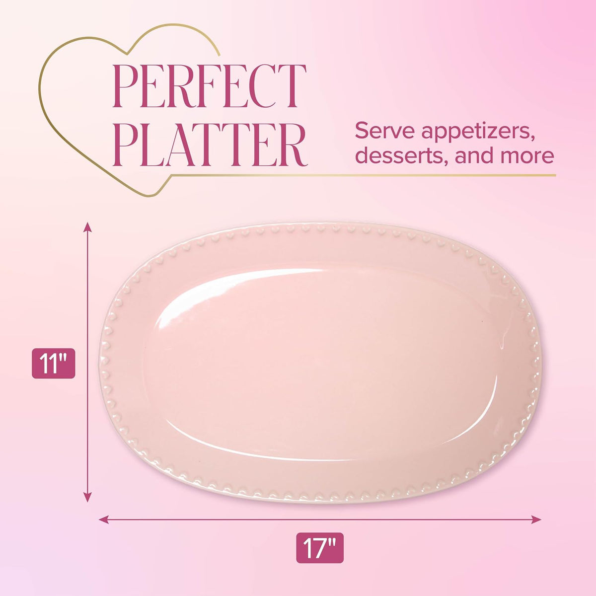 Paris Hilton Oval Ceramic Serving Platter with Heart Rim Detailing, Iconic Stoneware for Entertaining & Display, 17x11 Inches, Pink