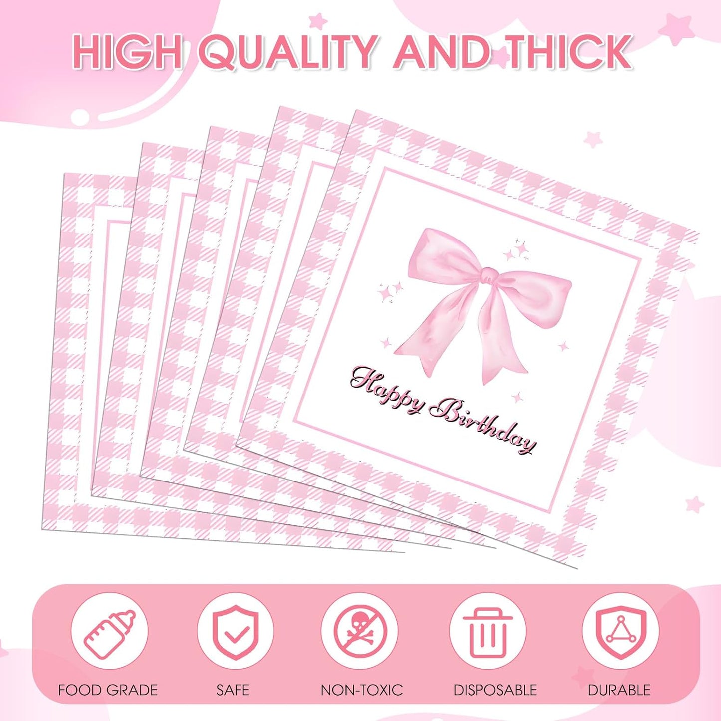 40 Pack Bow Napkins 6.5x6.5 Inch Coquette Bachelorette Pink Gingham Disposable Napkins, Perfect for Party, Bridal Shower, Tea Party & Easter
