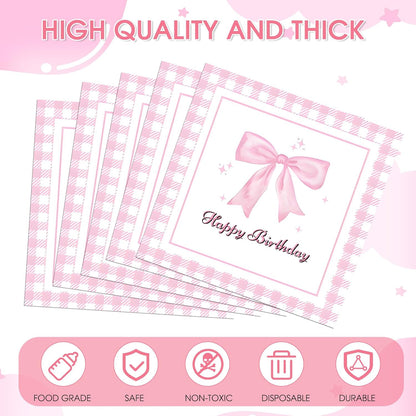 40 Pack Bow Napkins 6.5x6.5 Inch Coquette Bachelorette Pink Gingham Disposable Napkins, Perfect for Party, Bridal Shower, Tea Party & Easter
