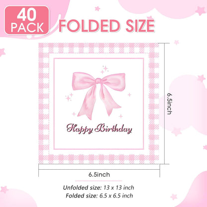 40 Pack Bow Napkins 6.5x6.5 Inch Coquette Bachelorette Pink Gingham Disposable Napkins, Perfect for Party, Bridal Shower, Tea Party & Easter
