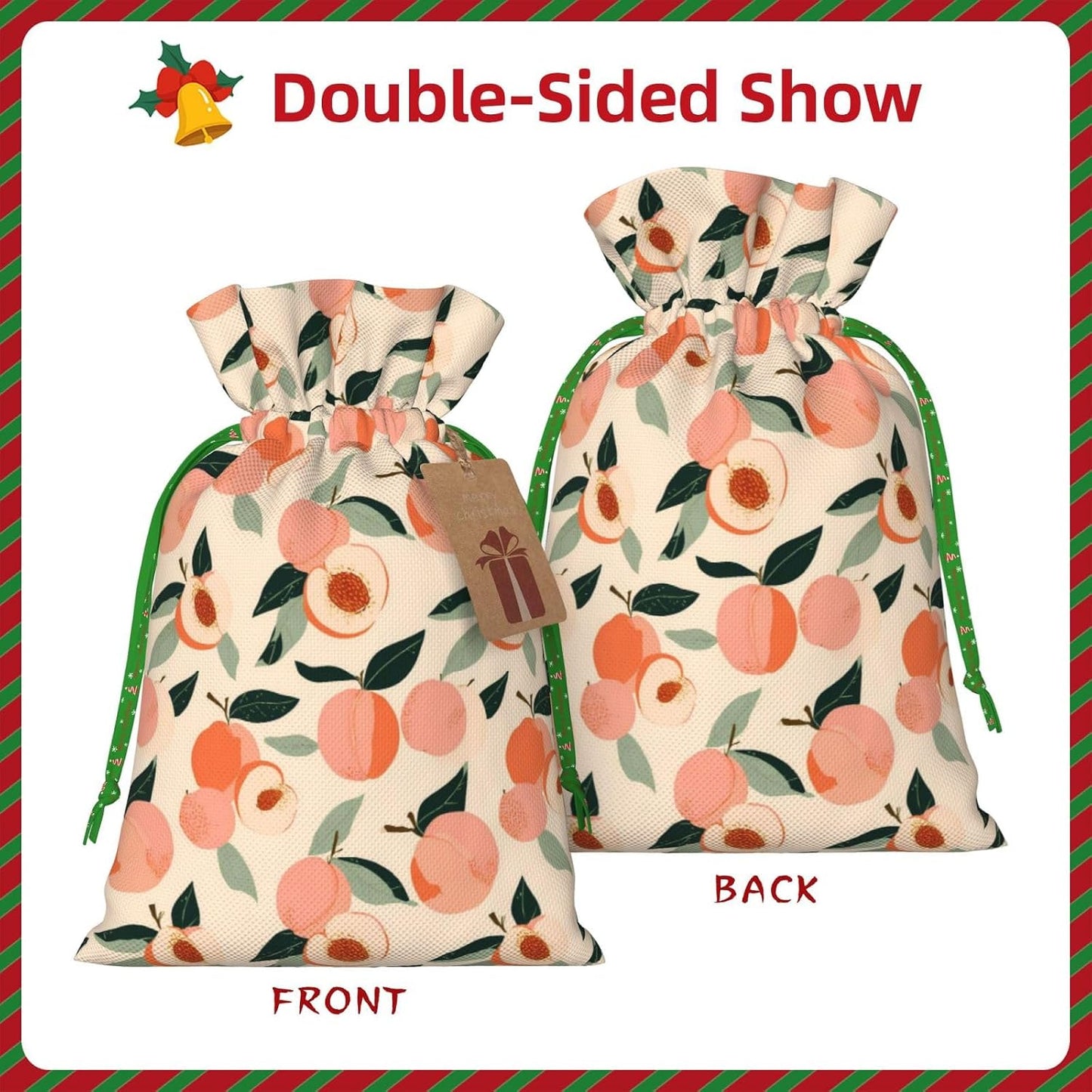 Peaches (3) Print Christmas Drawstring Gift Bags, Reusable Candy Treat Bags For Holiday Birthday Party