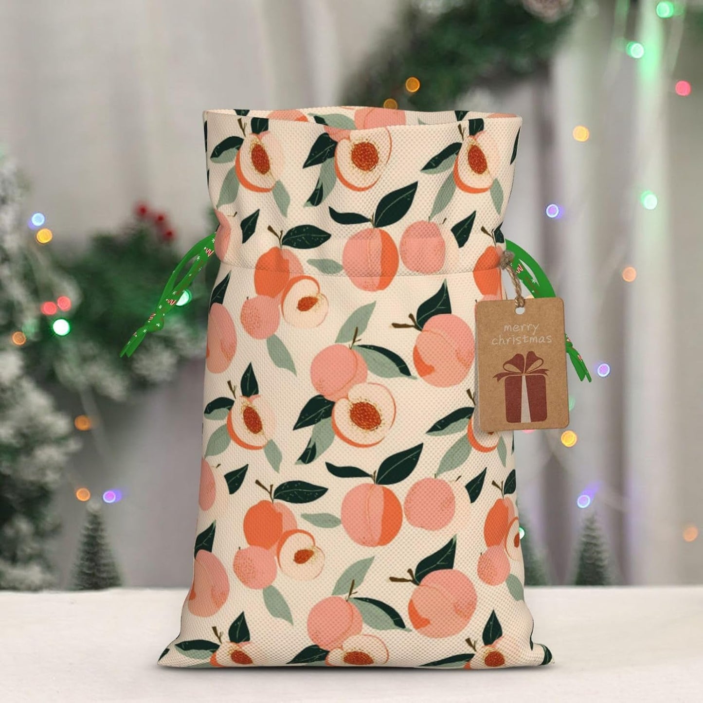 Peaches (3) Print Christmas Drawstring Gift Bags, Reusable Candy Treat Bags For Holiday Birthday Party